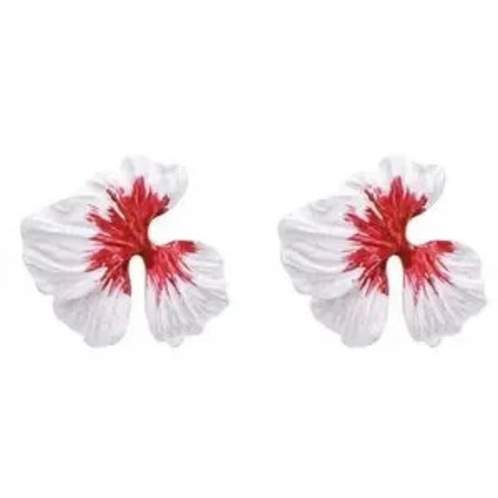 Hibiscus Flower Earrings - Red & White Enamel Gold-Tone Design - Picture 6 of 7